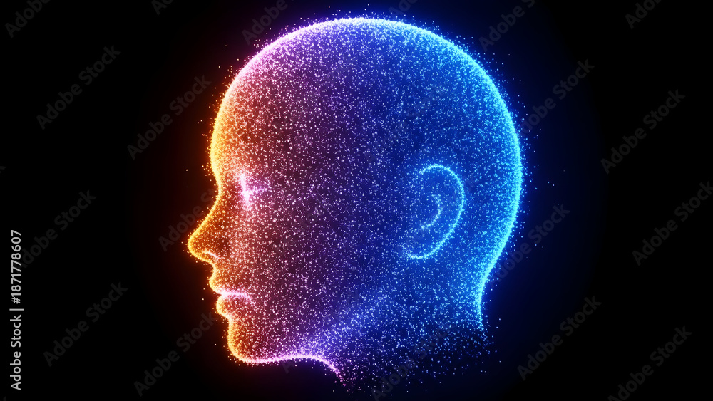 Obraz premium Glowing neon human head made of tiny particles on black background