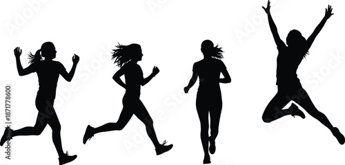 Running silhouette, jumping figure, dynamic motion, athletic pose, active person, vector illustration, movement stages, fitness concept, minimal design, energy expression