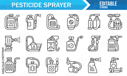 Farming spray tools and pesticide equipment outline icon set