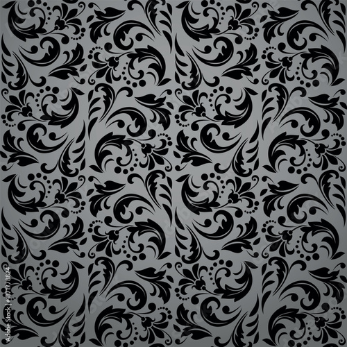 Flower pattern. Seamless gray and black ornament. Graphic vector background