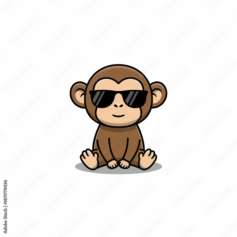 Obraz premium Cute Cartoon Baby Monkey Wearing Cool Sunglasses Sitting Down.