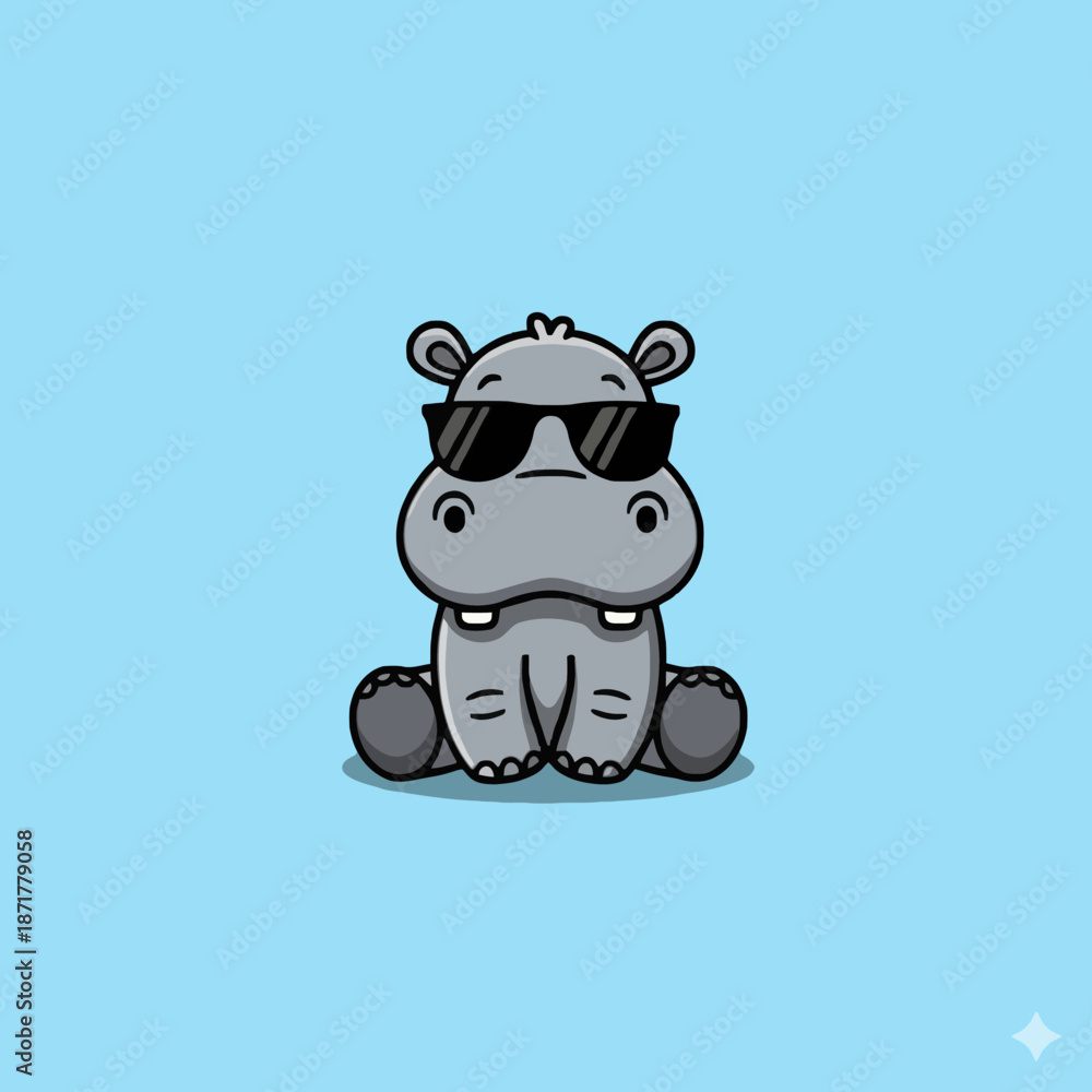 Fototapeta premium Cute cartoon hippopotamus wearing sunglasses sitting down.