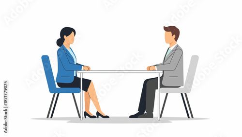 Two people in formal attire sitting at a table, engaged in a professional conversation