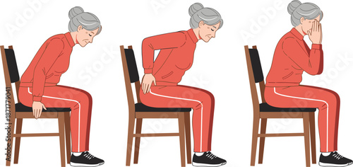 Elderly woman exercise illustration showing seated posture correction, lower back pain relief, and senior wellness routine isolated on white background
