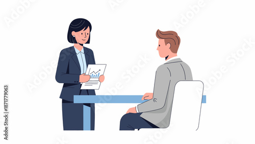 Business meeting illustration professional woman presents report to seated man at desk