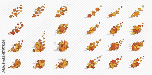 Set of falling autumn leaves with motion effect, isolated on transparent background, vector illustration.
