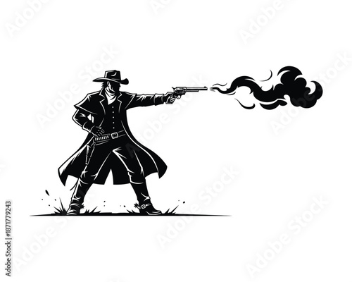 Cowboy drawing revolver, Cowboy in long coat, Cowboy hand gun, Cowboy gun Shooting, mounted cowboy gun draw, cowboy with hat, cowboy gun draw with smoke, desert cowboy, cowboy’s long duster coat fly