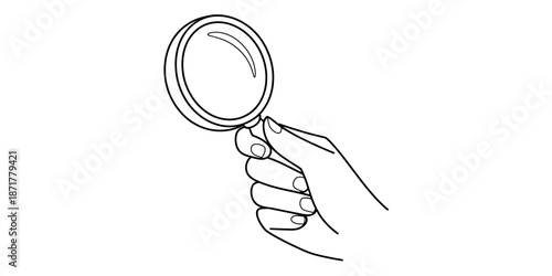 A simple line drawing illustration of a hand holding a magnifying glass for search and analysis Vector, illustration