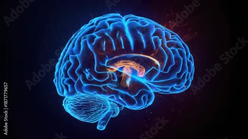 Glowing blue brain highlighting orange thalamus and neural pathways with hippocampus warm tones