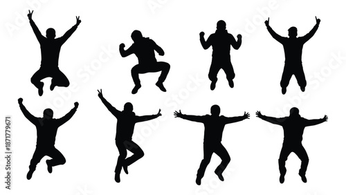 Silhouettes of people in various dynamic and celebratory poses jumping and gesturing