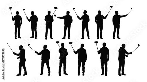 Silhouettes of people in various golf swing stages depicted in black