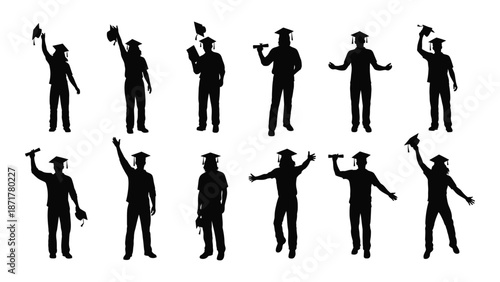 Silhouettes of graduating students celebrating with their mortarboards in the air