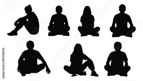 Silhouettes of people in various seated and squatting poses depicted in black