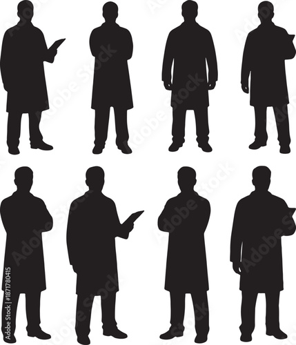 Eight Silhouettes of People in Lab Coats Holding scientists medical