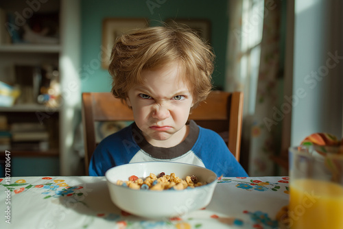 Grumpy kid making a face during breakfast at home