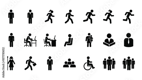 A collection of black stick figures depicting various human activities and positions