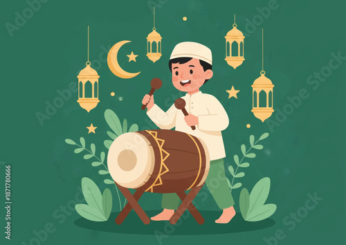 Muslim Boy Hitting Bedug Traditional Drum for Ramadan and Eid Celebration