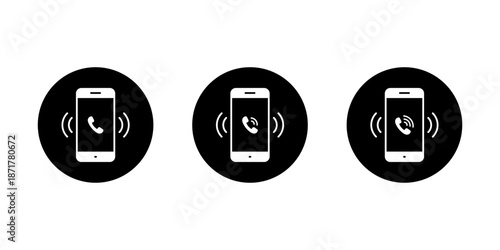 Incoming call icon set on smartphone screen. Ringing phone and cellphone vibration symbol in black circle