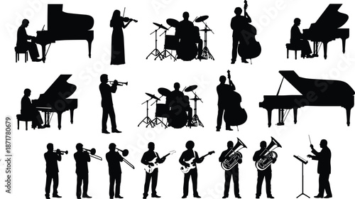 Musician silhouette set featuring orchestra, jazz band, and solo performers with instruments isolated on white background for music performance concepts