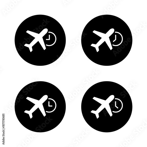 Airplane schedule icon set with clock symbol. Flight time, departure, and travel timetable sign in black circle