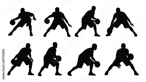 Silhouettes of basketball players in dynamic action poses showcasing athleticism