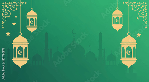 Islamic Ramadan Kareem Background with Mosque Silhouette and Golden Lanterns