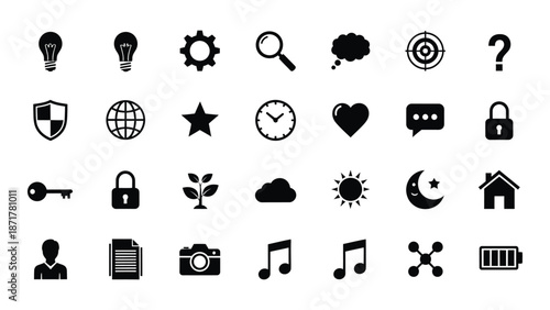 Collection of black silhouette icons representing ideas settings and various concepts