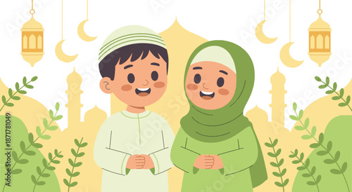 Cute Muslim Children Ramadan Banner with Mosque and Lanterns