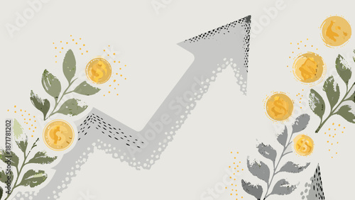 Financial growth concept with upward arrow and dollar coins surrounded by green leaves on beige background with business and economy and prosperity