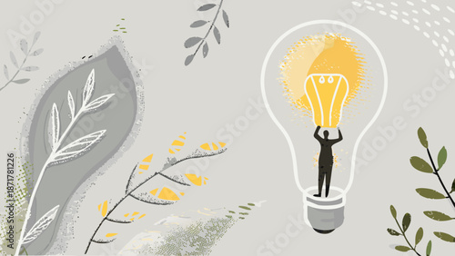 Flat illustration of a person standing inside a glowing light bulb surrounded by leaves and branches with a creative idea generation theme on a beige background