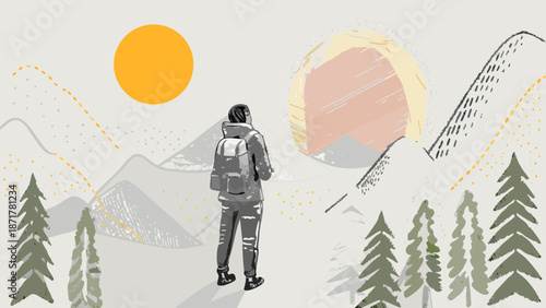 Person standing on mountain trail with backpack looking at sunset through trees and hills in a scenic landscape illustration with travel and adventure
