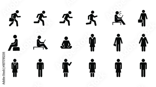 Black silhouettes depicting various human activities and poses in a graphic design