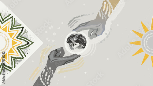 Diverse hands holding a globe with sunburst designs representing global unity and environmental conservation concept with diversity and ecology