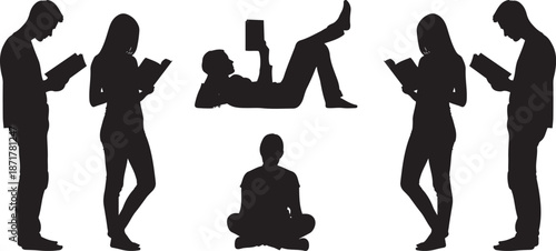 Silhouettes of People Reading Books in Various Positions black