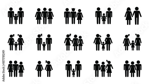 Diverse family groupings depicted with simple black stick figure illustrations
