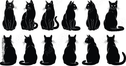 Black cat silhouette illustration set with front and back sitting poses, elegant feline characters collection, minimal pet vector design for branding and decoration