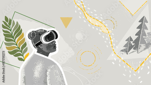 Flat illustration of a person wearing virtual reality goggles surrounded by abstract shapes and nature elements with vr goggles and technology