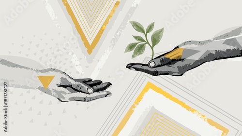 Eco friendly sustainability concept with hands holding a small plant in a flat vector illustration with eco sustainability and sustainable and environment