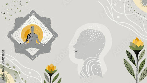 Mindfulness and calmness concept with meditating person surrounded by flowers and abstract head silhouette on beige background with meditation