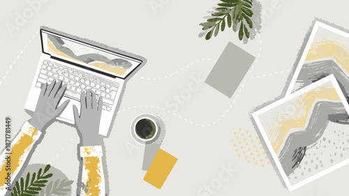 A minimalist and flat vector illustration of a remote work environment with a laptop computer and coffee cup on a white desk with green leaves and photos