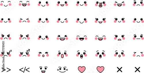 Kawaii facial expressions, cute emotive faces, minimal line art, pink cheeks, cartoon emotion icons, Japanese style emoji grid, mood illustration set