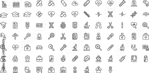 Medical icon set, healthcare symbols, scientific research tools, black line vector, hospital equipment, doctor items, health app UI elements