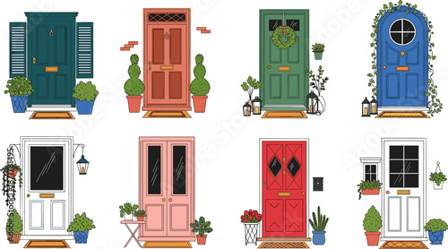 Front door illustration set, colorful residential entrances, decorative plants and accessories, architectural style vector, home decor inspiration, cozy entryway design
