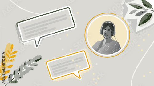 Professional flat illustration of a customer support representative with chat bubbles and leaves on a light background for business communication and service concepts