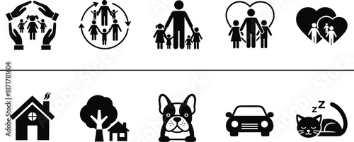 Family care and home lifestyle icon illustration set, people protection, love symbols, house, pet and transport, black vector pictogram collection