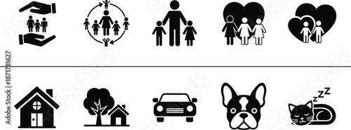 Family care icons, home and pet symbols, love and protection graphics, vector set for lifestyle, parenting, housing, animal themes, black and white