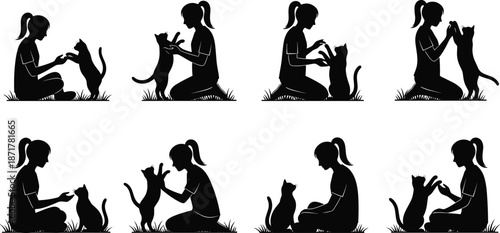 Girl playing with cat silhouette illustration set, woman and kitten bonding moments, pet love vector scenes for care, interaction, friendship