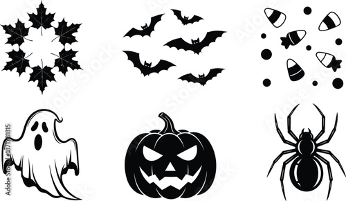 Halloween silhouette illustration set with bats, ghost, pumpkin, spider, candy corn and autumn leaves, spooky black vector icons for holiday decoration