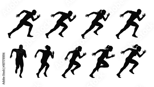 Silhouettes of running people in various poses depicting movement and energy