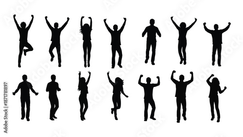 Silhouettes of people in various joyful active and celebratory poses
